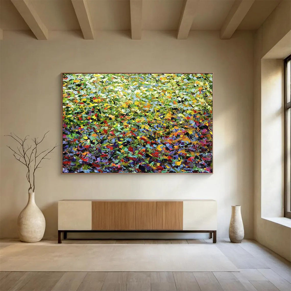 “Vibrant Green Field of Colorful Dots” Pointillist Abstract Painting On Canvas PT1797