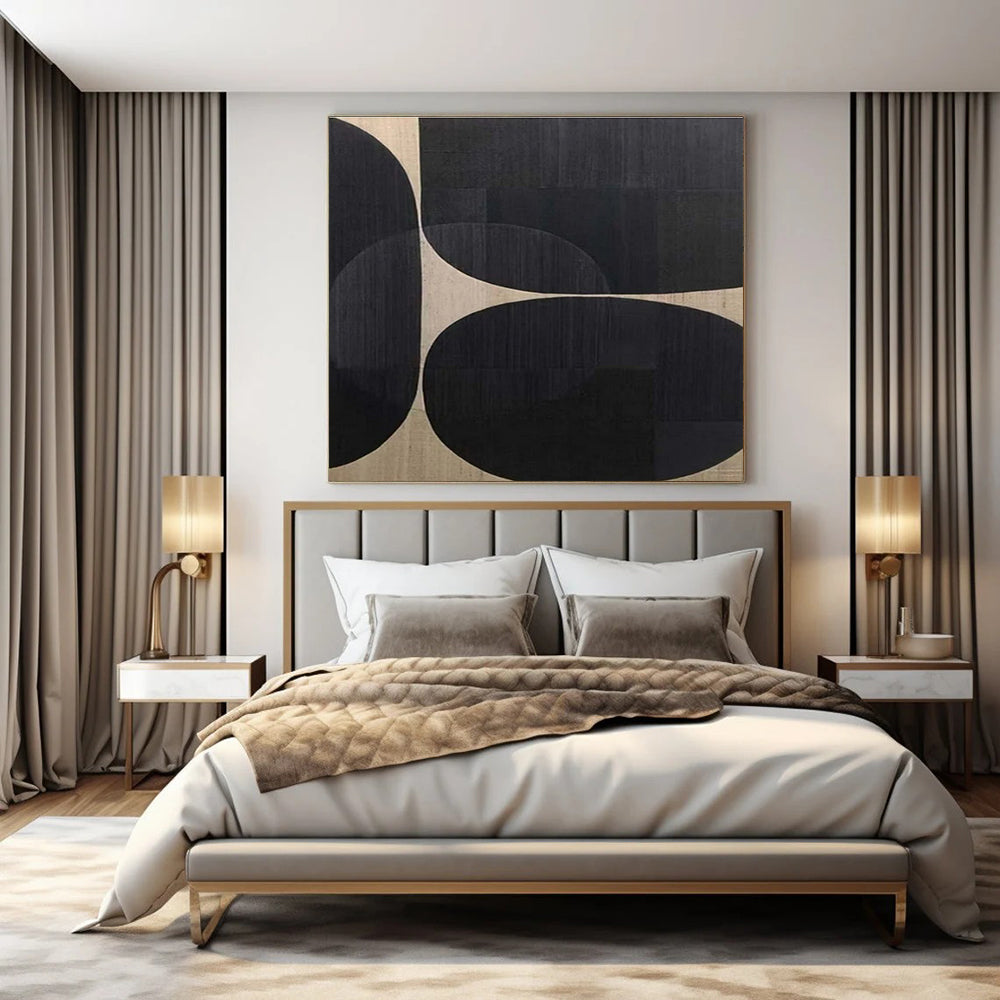 Black, Beige with Overlapping Circles "Geometric Harmony" Abstract Painting On Canvas PS1474