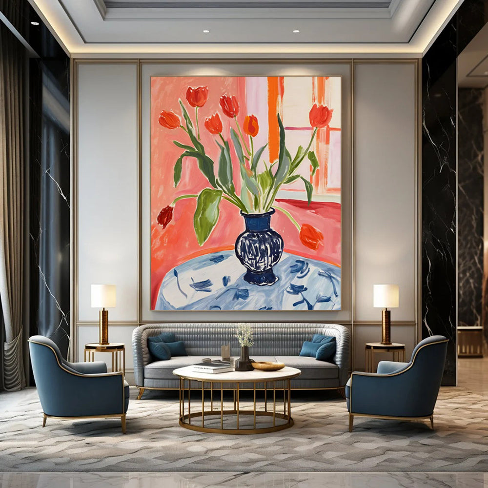 “Vibrant Tulip Bouquet” - Post - Impressionist Still - Life Painting On Canvas PT2229