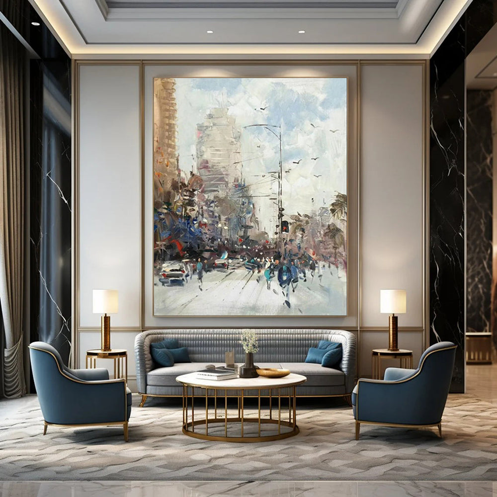 “Impasto Urban Street Scene” - Impasto Cityscape Painting On Canvas PT1900