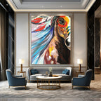 “Colorful Horse with Feather Headdress” - Expressionist - Inspired Animal Painting On Canvas PT1426