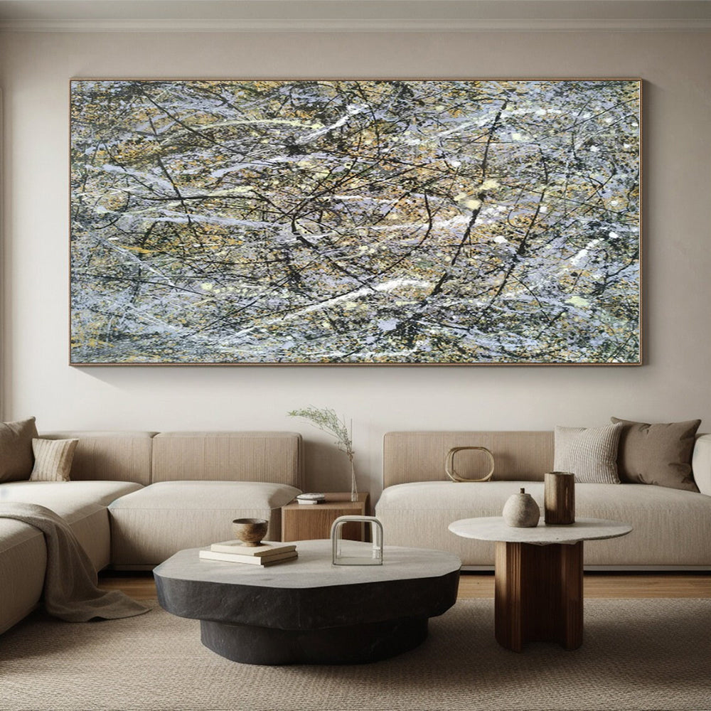 Sprawling Gray - Yellow Splatters, "Chaotic Harmony" – Action - Style Abstract On Canvas PS0905