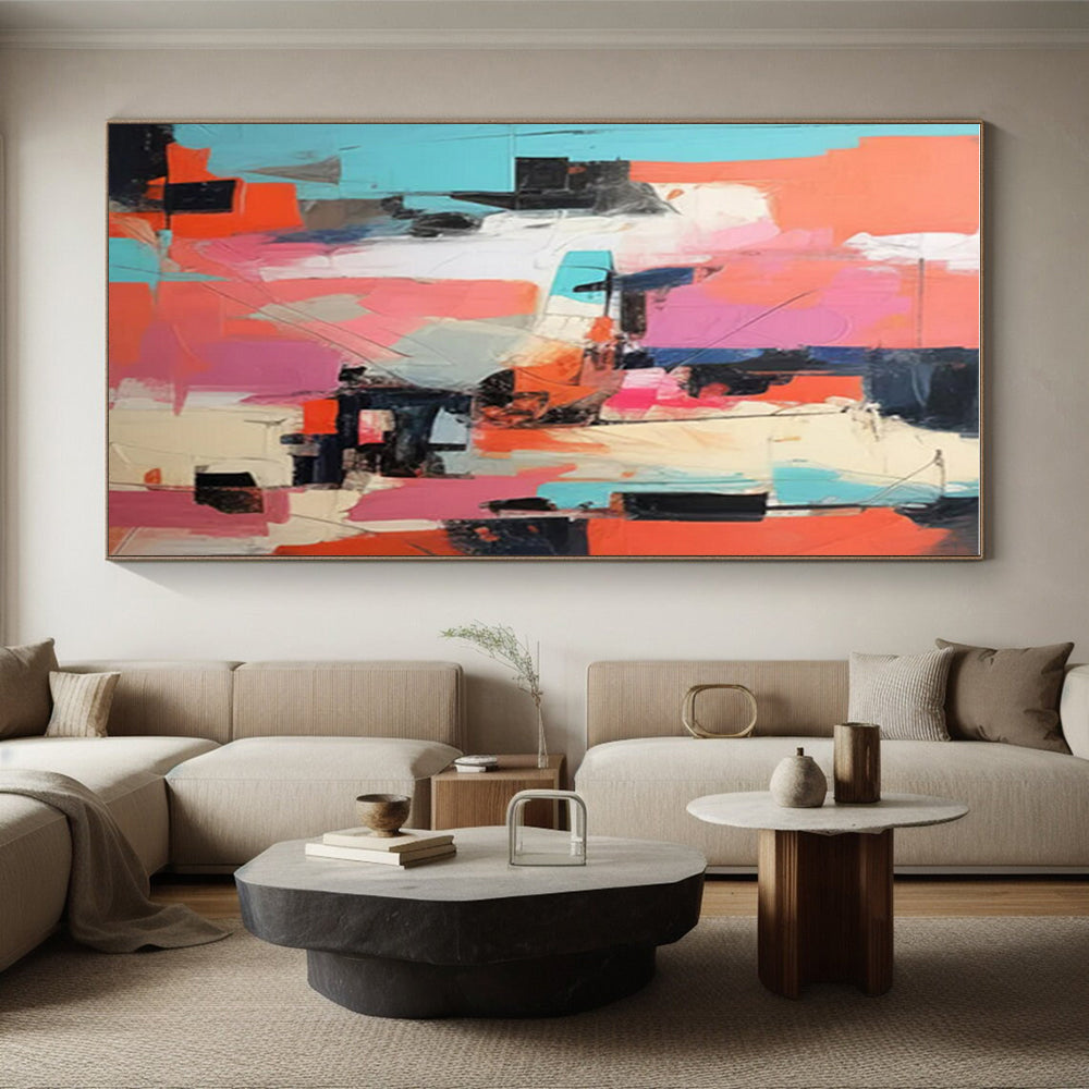 “Coral - Pink - Teal Abstract Vivid Blocks” Painting On Canvas PS0839