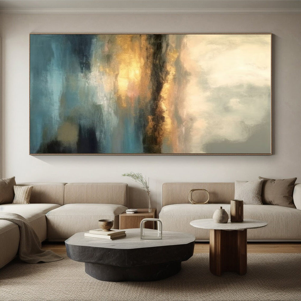 “Golden Horizon” - Blue, Gold, Gray Abstract Landscape Painting On Canvas PS0621