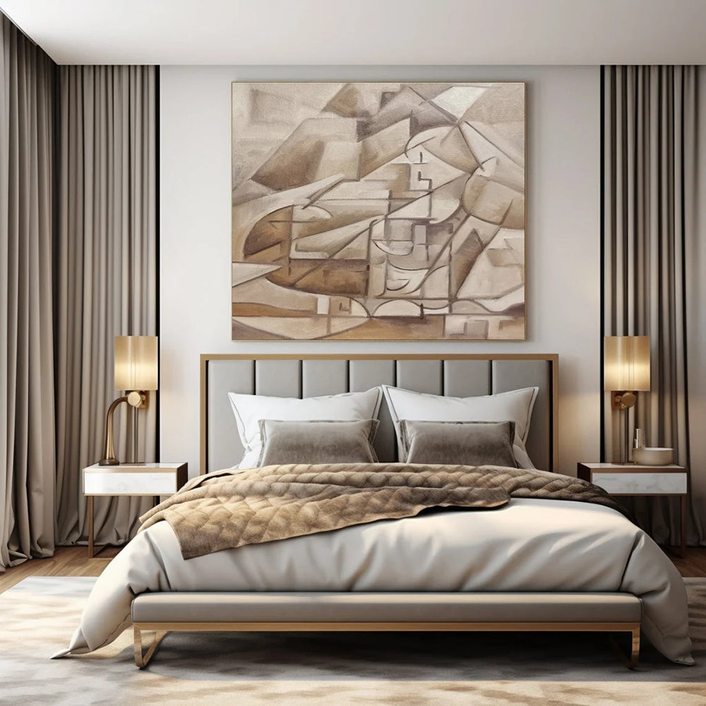 Brown, Beige with Cubist Forms "Abstract Village" Abstract Painting On Canvas PS1456