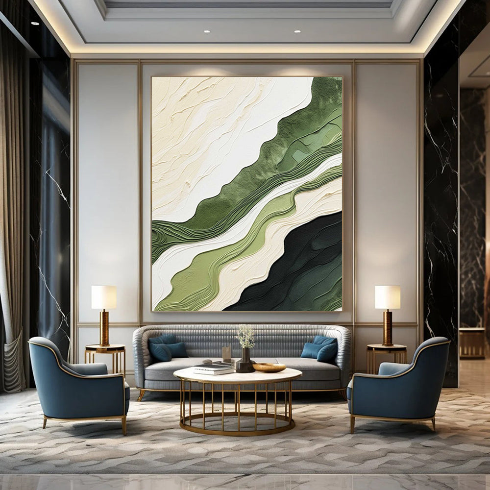 “Green and Beige Wavy Layers” - Nature - Inspired, Textured Abstract Painting On Canvas PT1486