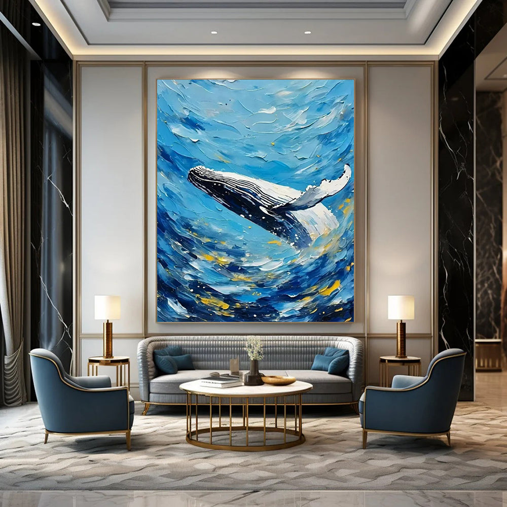 “Blue and White Whale Abstract” - Impressionist Marine Painting On Canvas PT2282