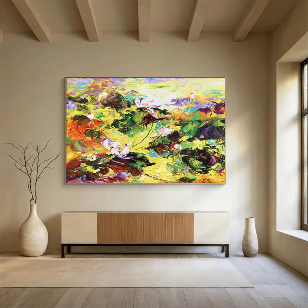“Vibrant Lotus Flower Field” - Expressive Flower Painting, Perfect for Garden Room & Bohemian Living Room DKS635