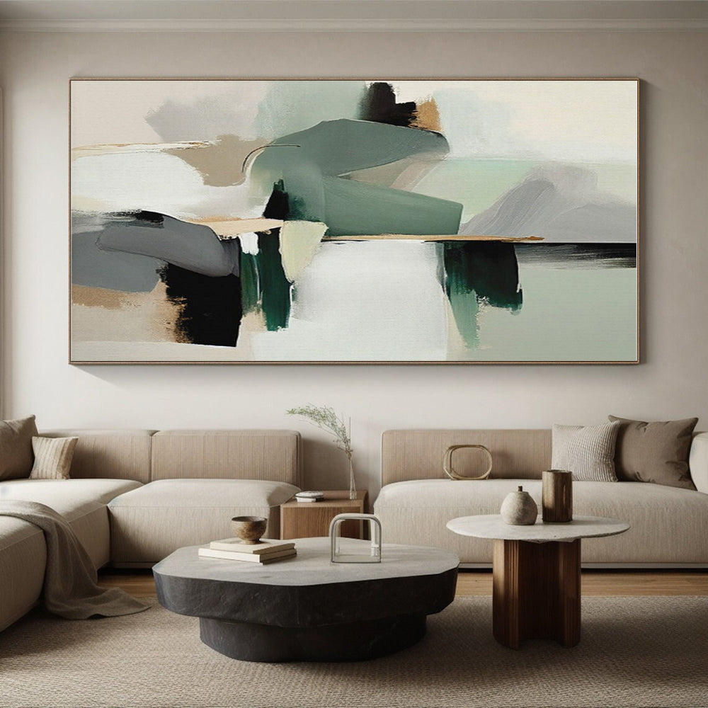 “Soft - Toned Geometric Fusion” - Light Green, Gray, Beige Geometric Abstract Painting On Canvas PS0746