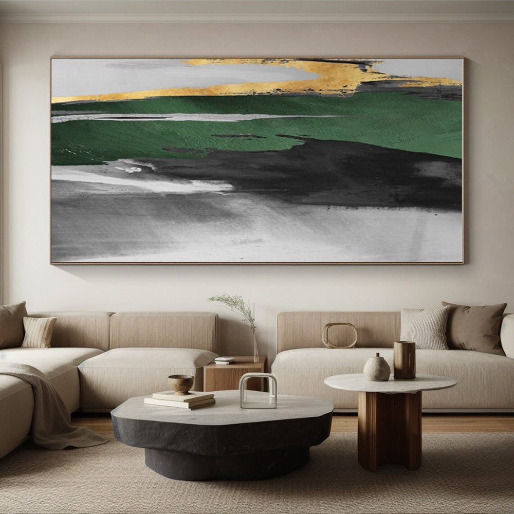 “Green - Gold Abstract Streaks” - Green, Gray, Gold, White Abstract Gestural Painting On Canvas PS0637