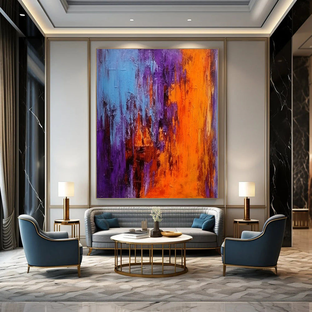 Blue - Purple - Orange Abstract Clash Textured Painting On Canvas DS075