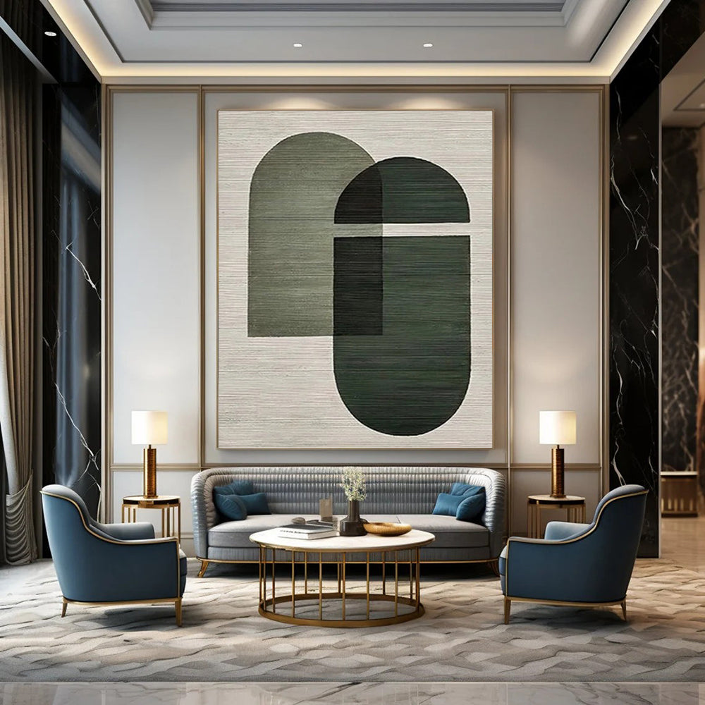 “Green - Grey Geometric Overlaps” - Modern Abstract Painting On Canvas PT1131