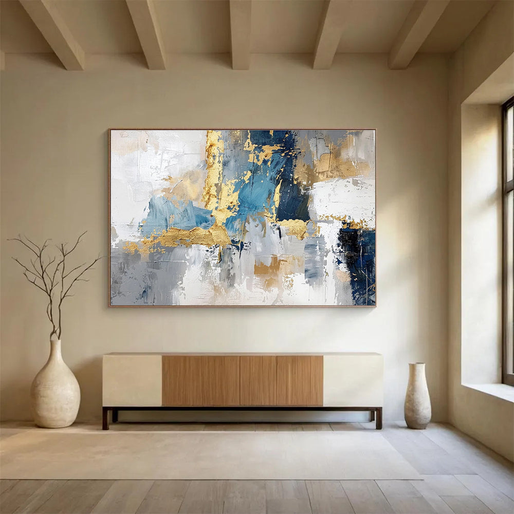 Blue - Gray Abstract with Gold Accents - Luxe Modern Painting On Canvas DKS344