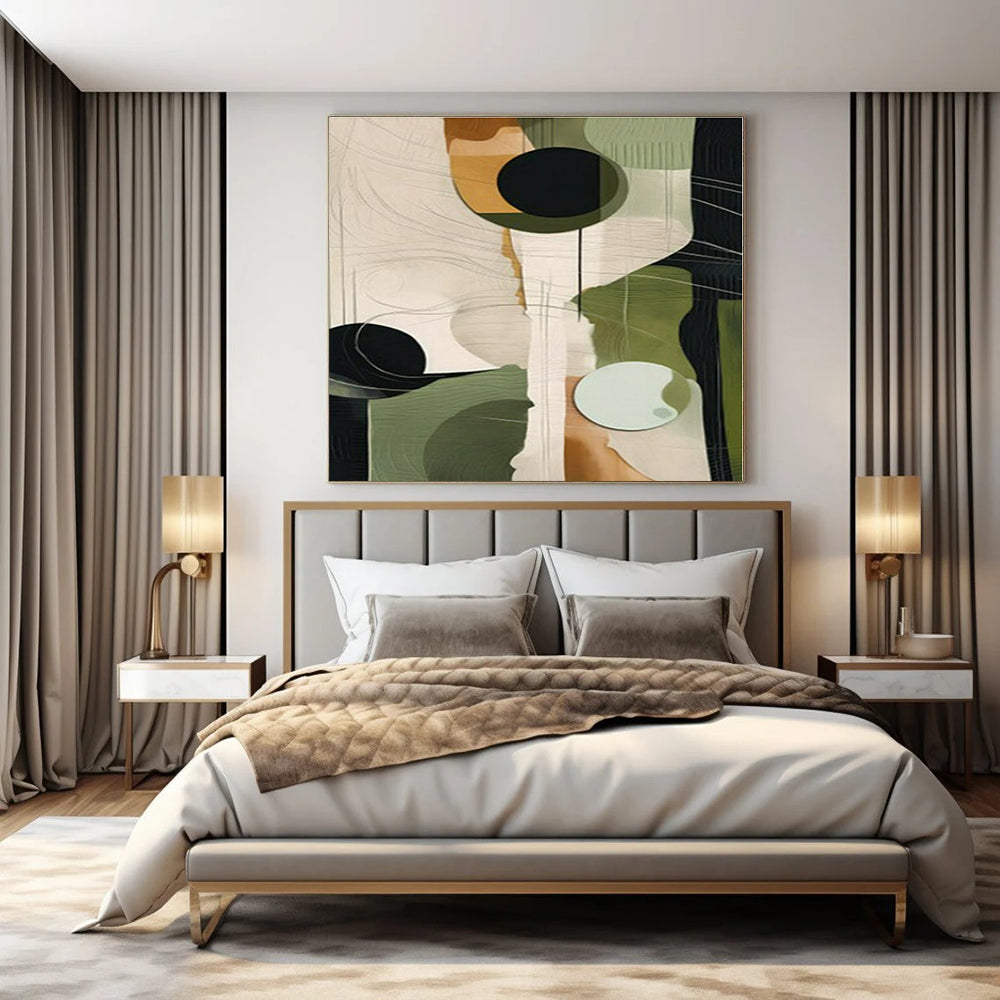 Green, Beige, Black with Geometric Forms "Geometric Growth" Abstract Painting On Canvas PS1276