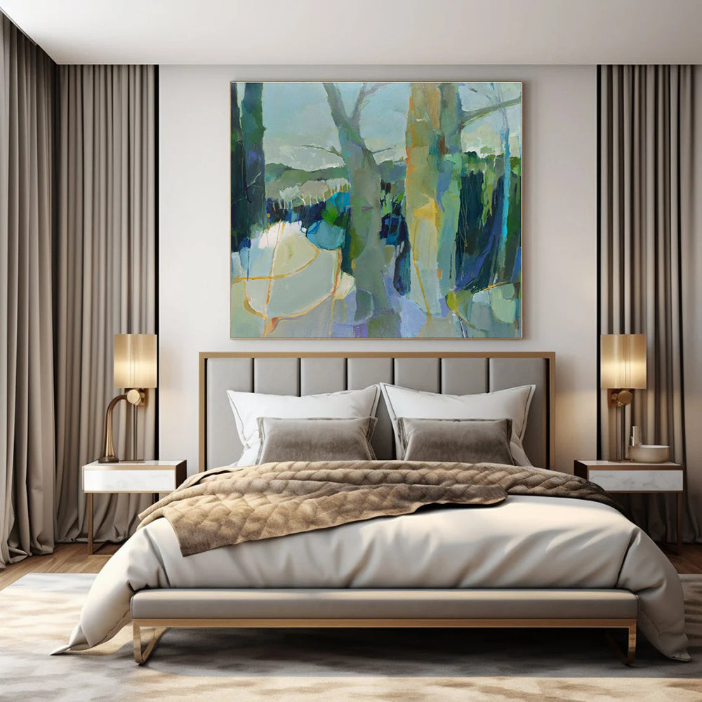 Green, Blue, Gray with Abstract Trees "Forest Reverie" Abstract Painting On Canvas PS1307