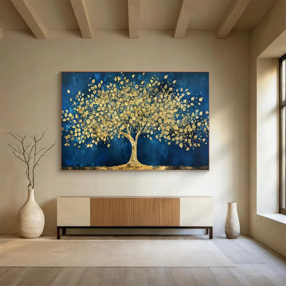 “Gold Tree on Blue” - Rich Gold “Golden Oasis” Painting On Canvas PT1620