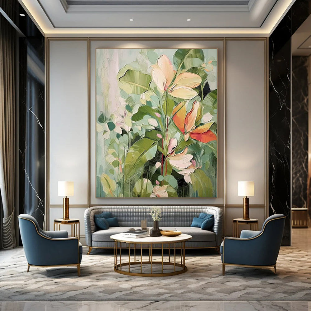 “Soft Green and Pink Floral Abstraction” - Botanical Impressionist Painting On Canvas PT1873