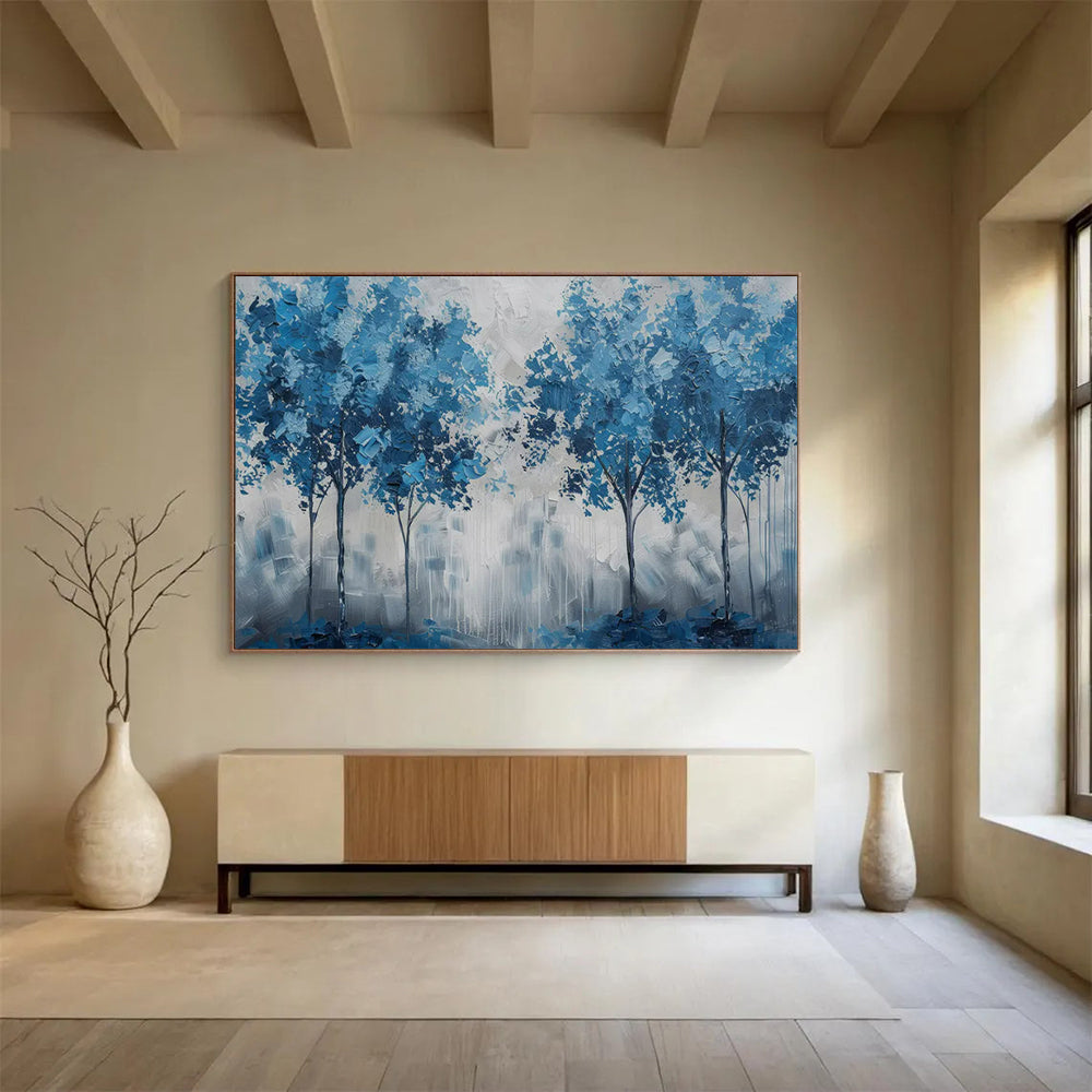 “Blue Trees Against Gray - White Background” - Abstract Landscape - Painting On Canvas PT1758