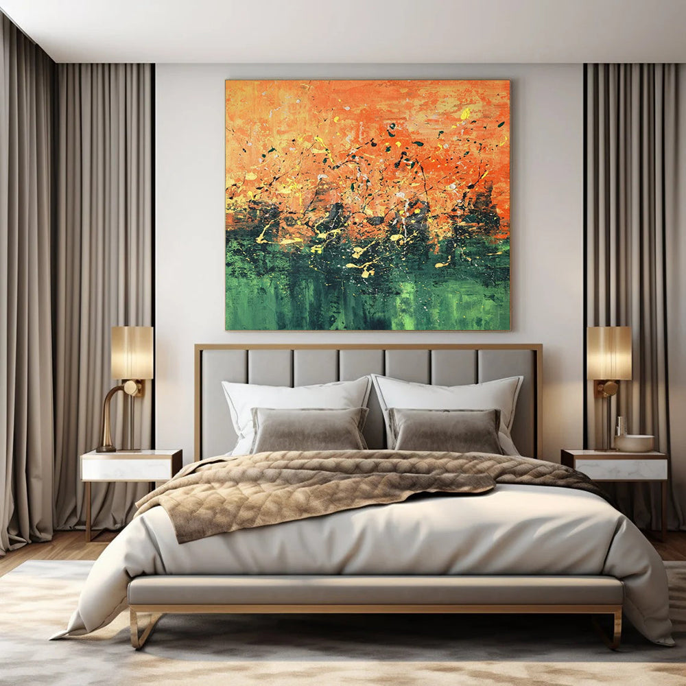 Orange - Green Splatter, "Sunset Garden" – Abstract Expressionist Painting On Canvas PS0926