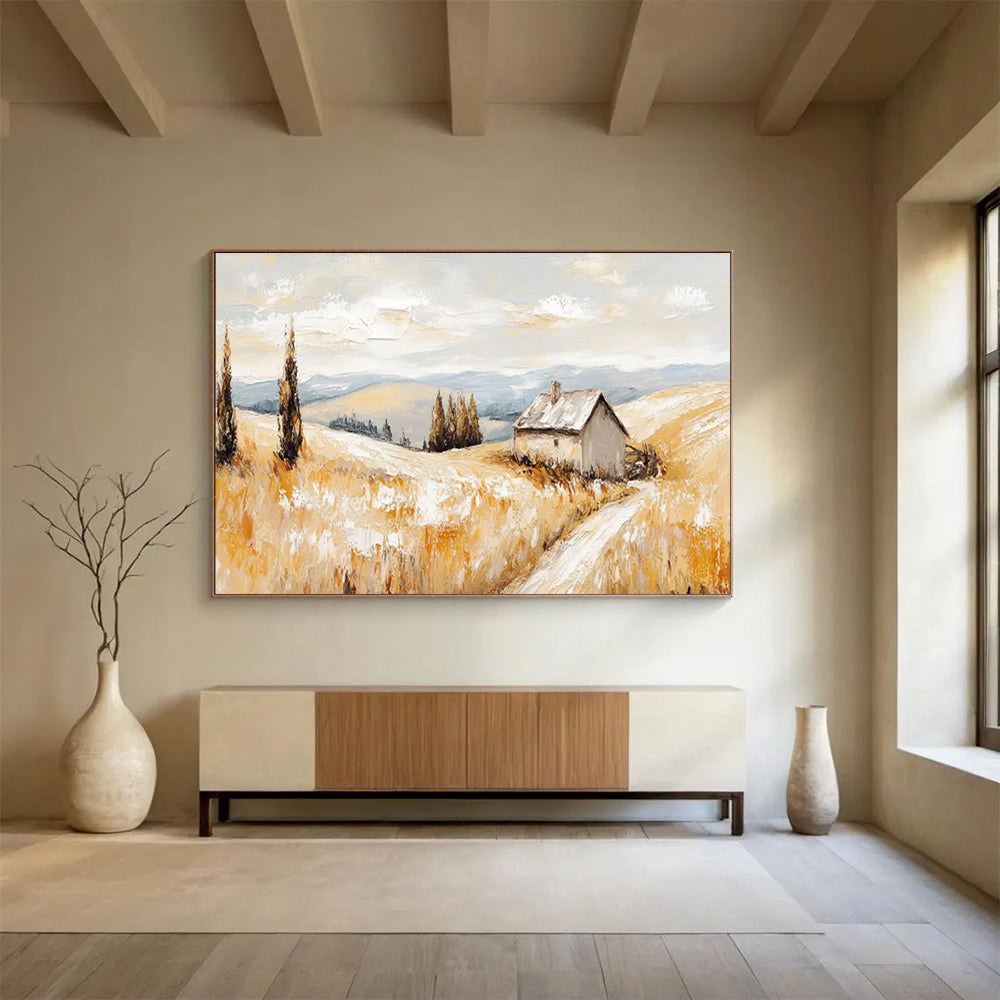“Golden Field Cottage” - Impressionistic Landscape Painting On Canvas DKS461