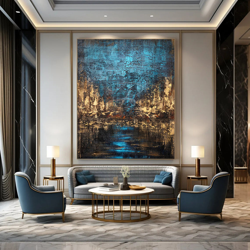 “Blue - Brown Abstract Cityscape” - Oil Painting On Canvas PT2074