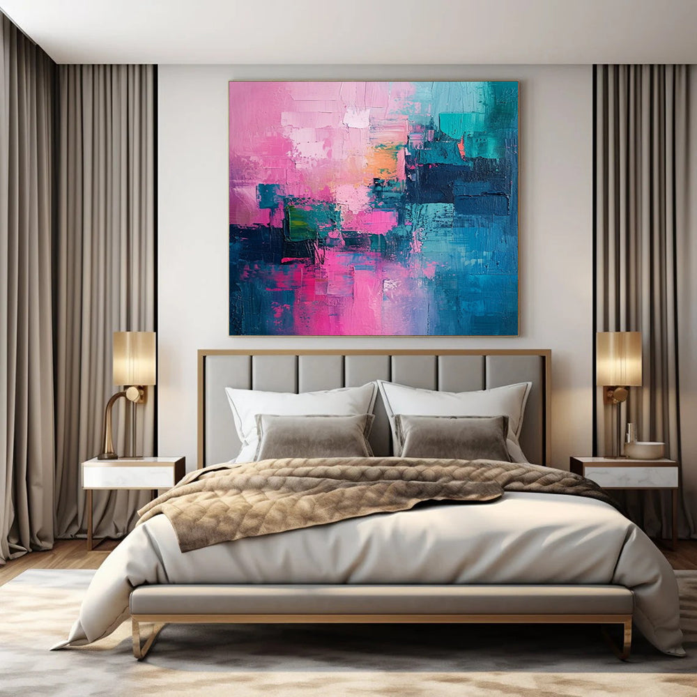 Pink, Teal, Gold, and Blue Patchwork, "Vibrant Mosaic" – Colorful Abstract Painting On Canvas PS1012