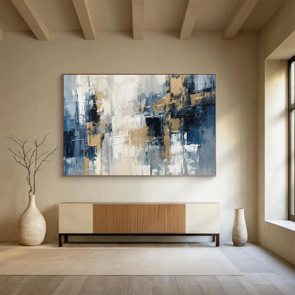 “Blue - Gray Blocks & Gold Accents” - Abstract Cityscape - Painting On Canvas PT1706