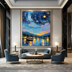 “Colorful Impasto Night Sky Harbor” - Impasto Landscape Painting On Canvas PT1886