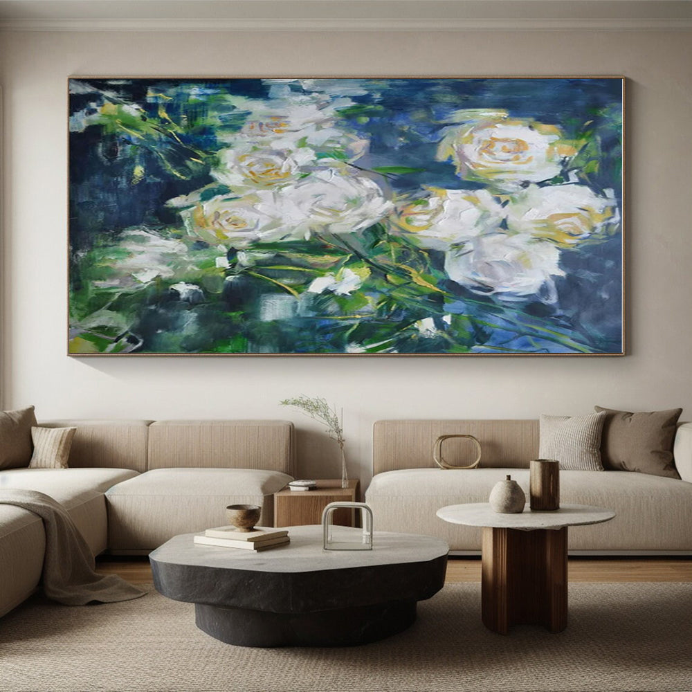 White Roses with Green, "Blurred Blooms" – Impressionistic Floral On Canvas PS0892