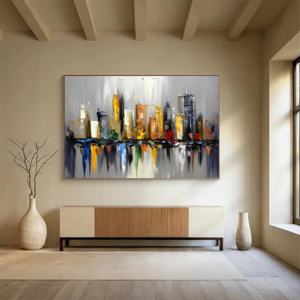 “Colorful Cityscape Reflection” - Impasto Urban Painting On Canvas PT067