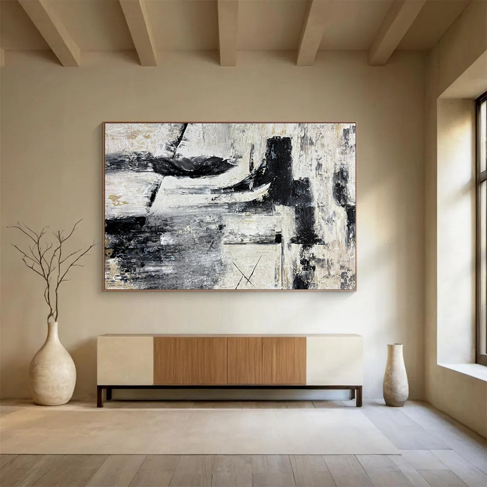 “Black - and - White Textures & Abstract Forms” - Minimalist Abstract - Painting On Canvas PT1692