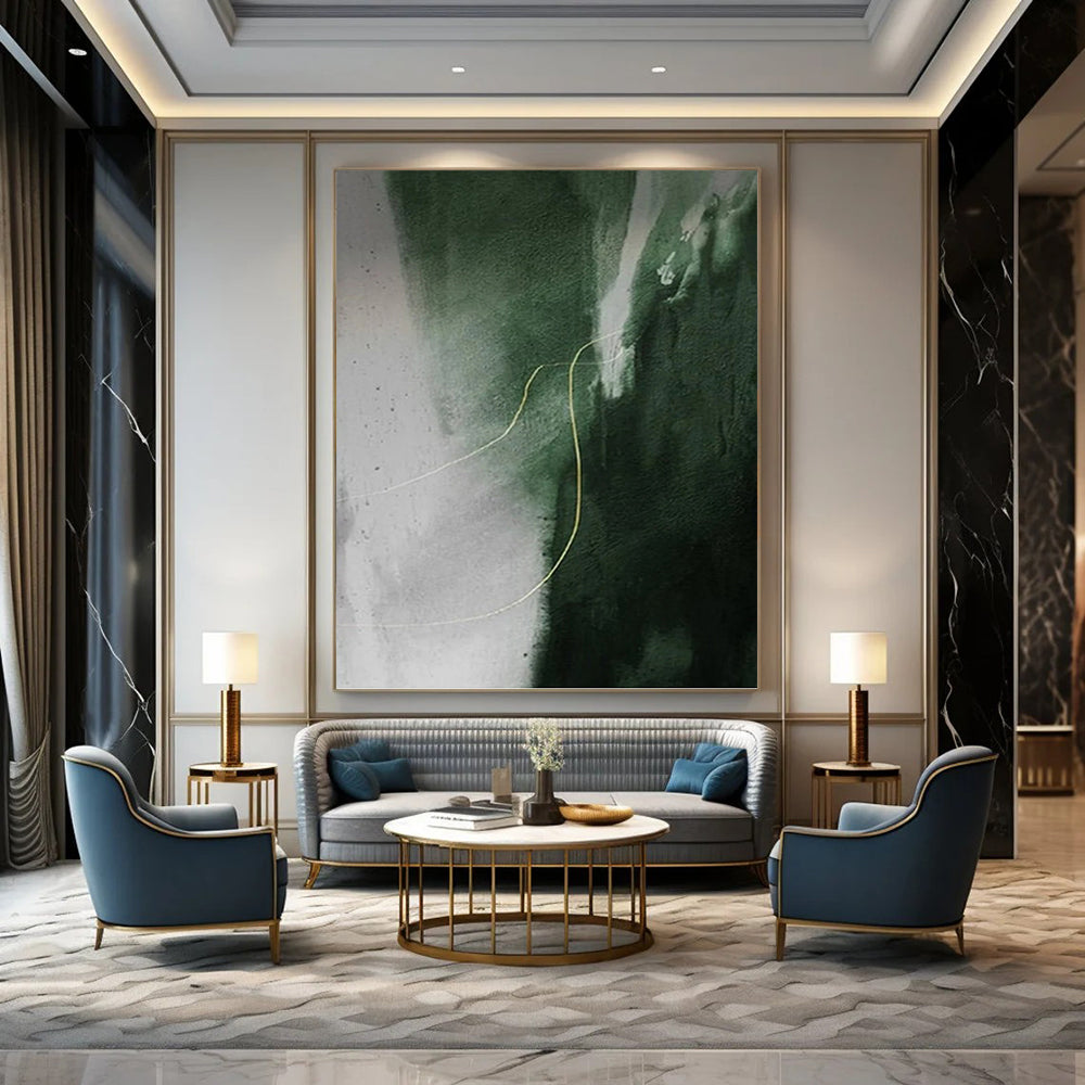 “Green - Grey Abstract with Gold Line” - Minimalist Abstract Painting On Canvas PT1209