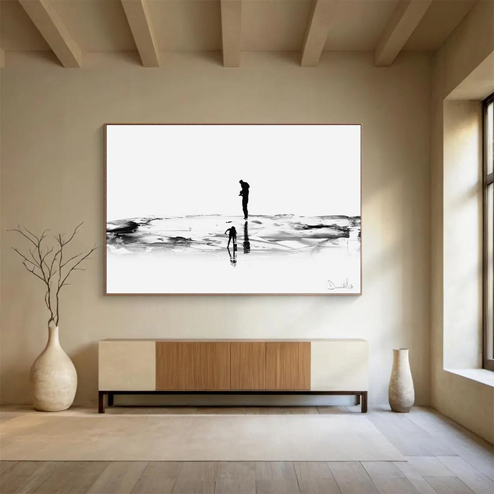 “Black and White Silhouette Beach Scene” - Monochromatic Figurative Painting On Canvas PT114
