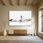 “Black and White Silhouette Beach Scene” - Monochromatic Figurative Painting On Canvas PT114