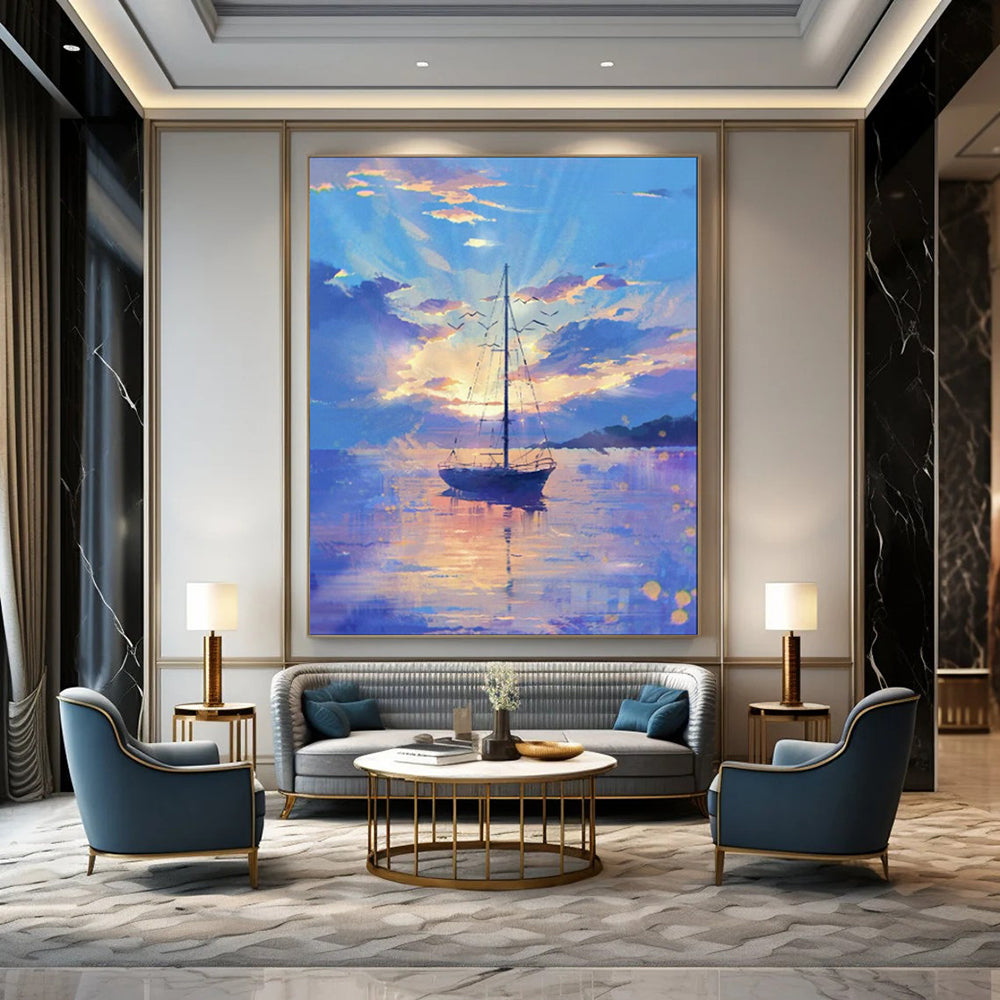 “Pastel - Hued Sailboat at Sunset” - Impressionist Seascape Painting On Canvas PT1893