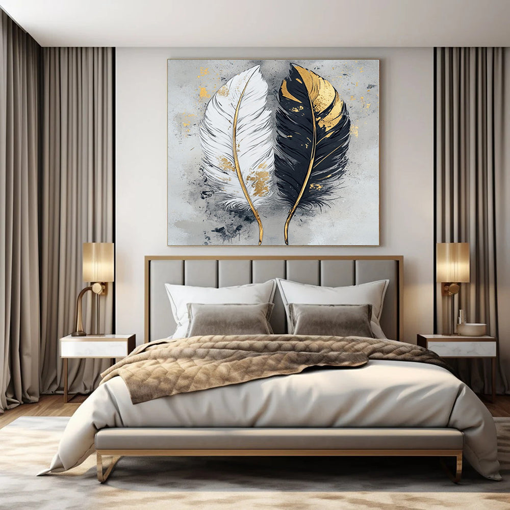 Black, White, Gold with Feathers "Gilded Feathers" Decorative Painting On Canvas PS1262