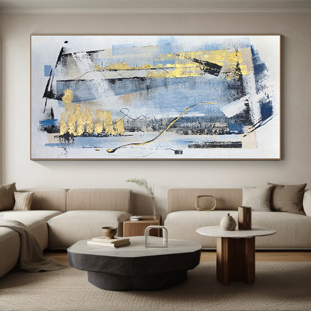 “Blue - Gold - Black Abstract Geometric Forms” - Luxe Abstract Painting On Canvas PS0311