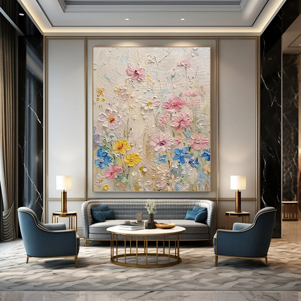 “Textured Colorful Flower Field” - Impasto Botanical Painting On Canvas PT1000