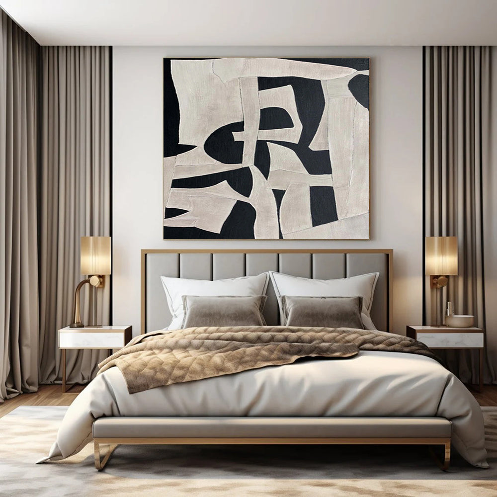 “Black - White Organic Geometric” - Artistic Abstract Painting On Canvas PS0132