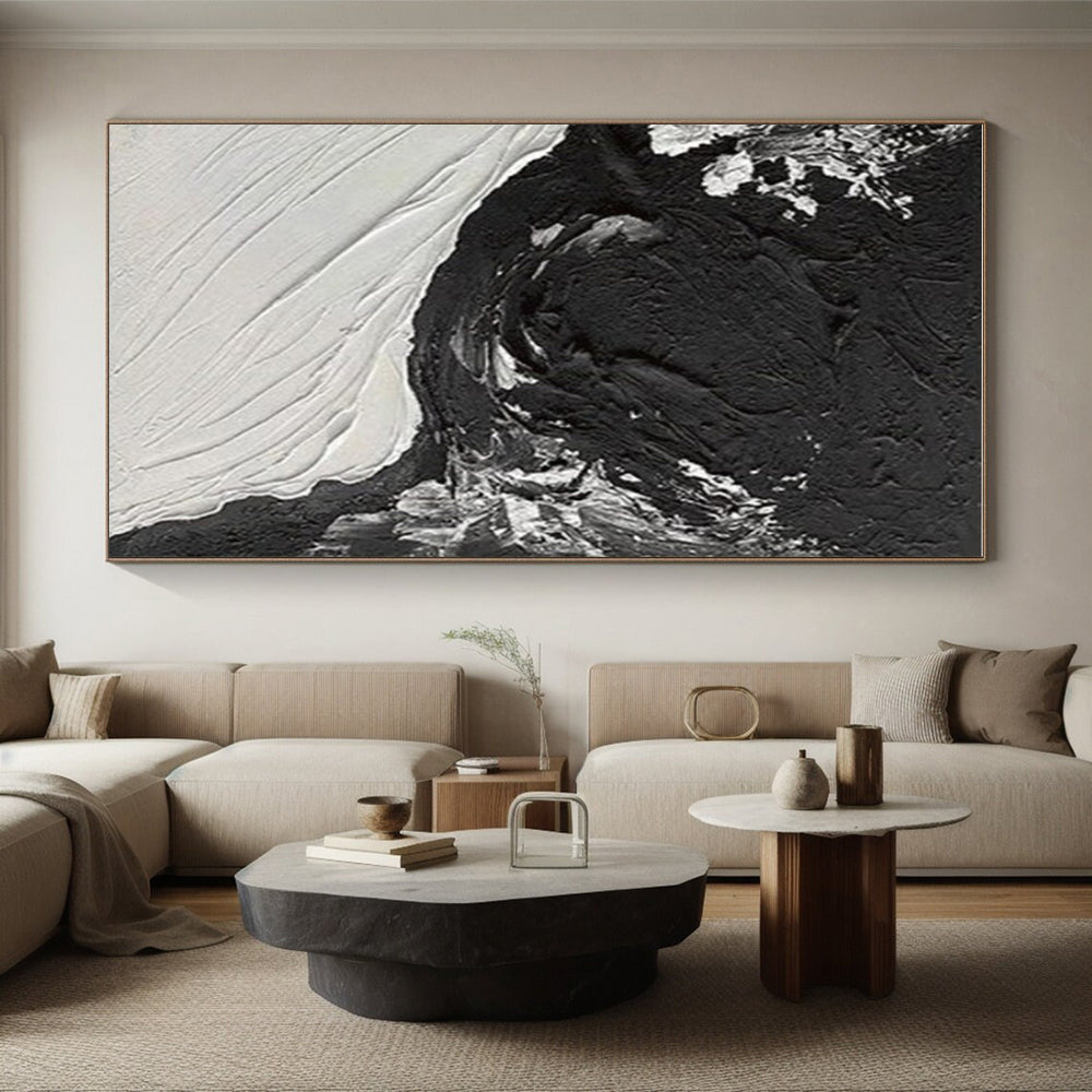 “Black - White Textured Waves” - Black, White Abstract Impasto Painting On Canvas PS0735