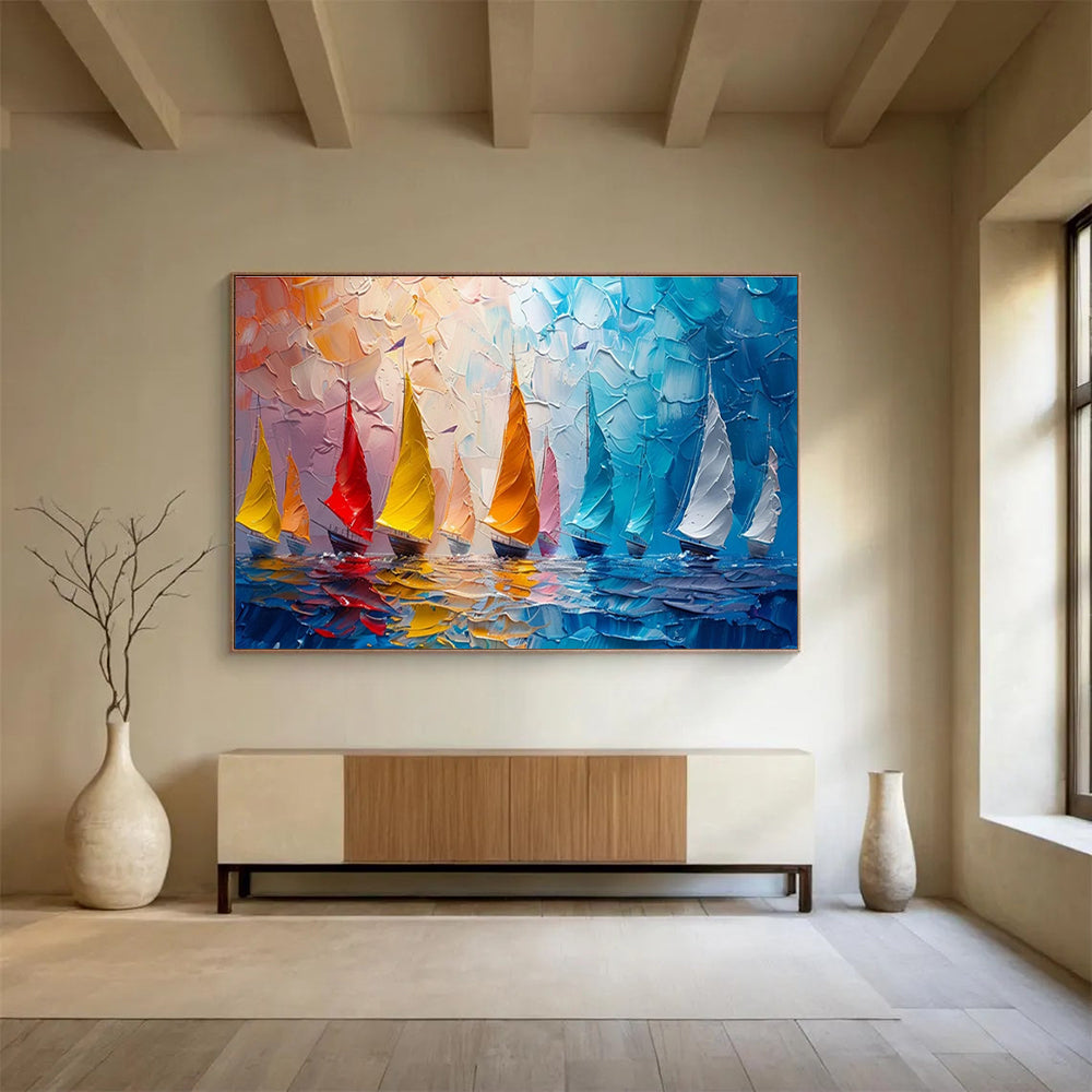 “Colorful Sailboats at Sea” - Impasto Oil Painting On Canvas DKS800