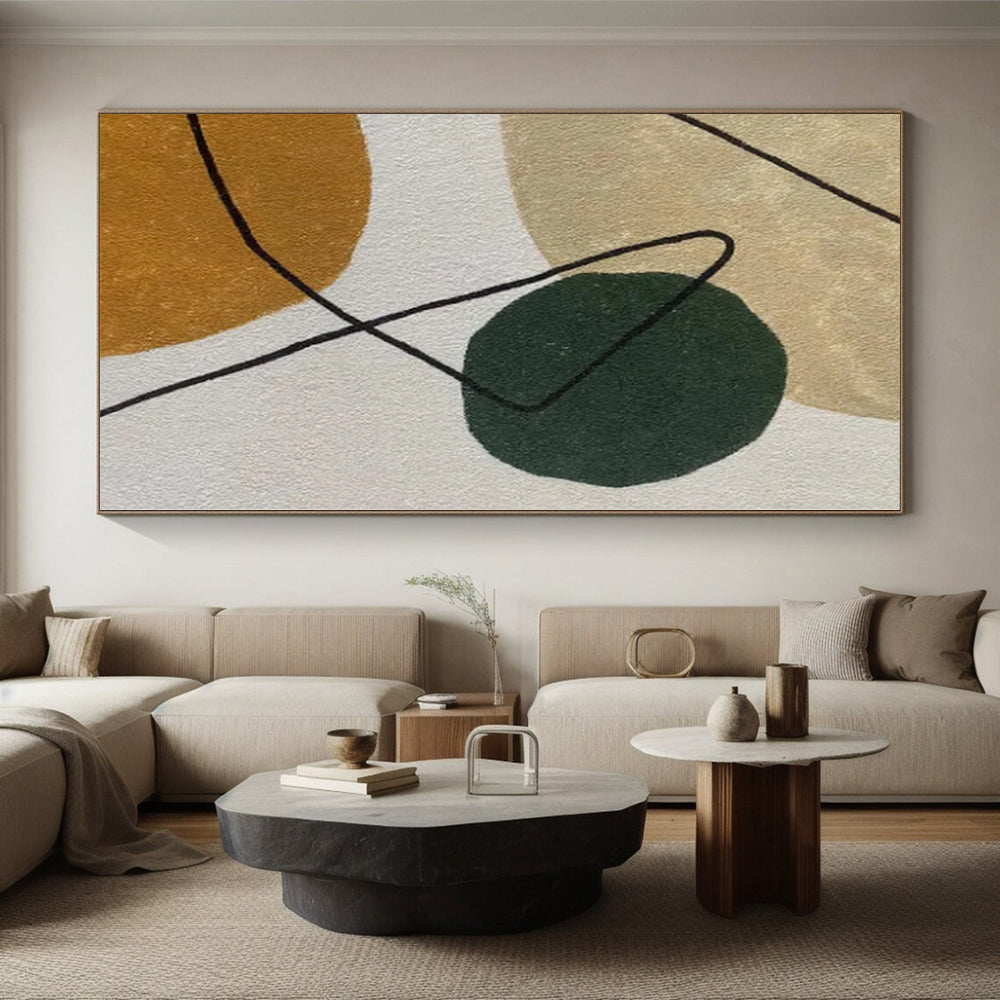 “Circle & Line” - Green, Brown, Black Abstract Shape Painting On Canvas PS0389
