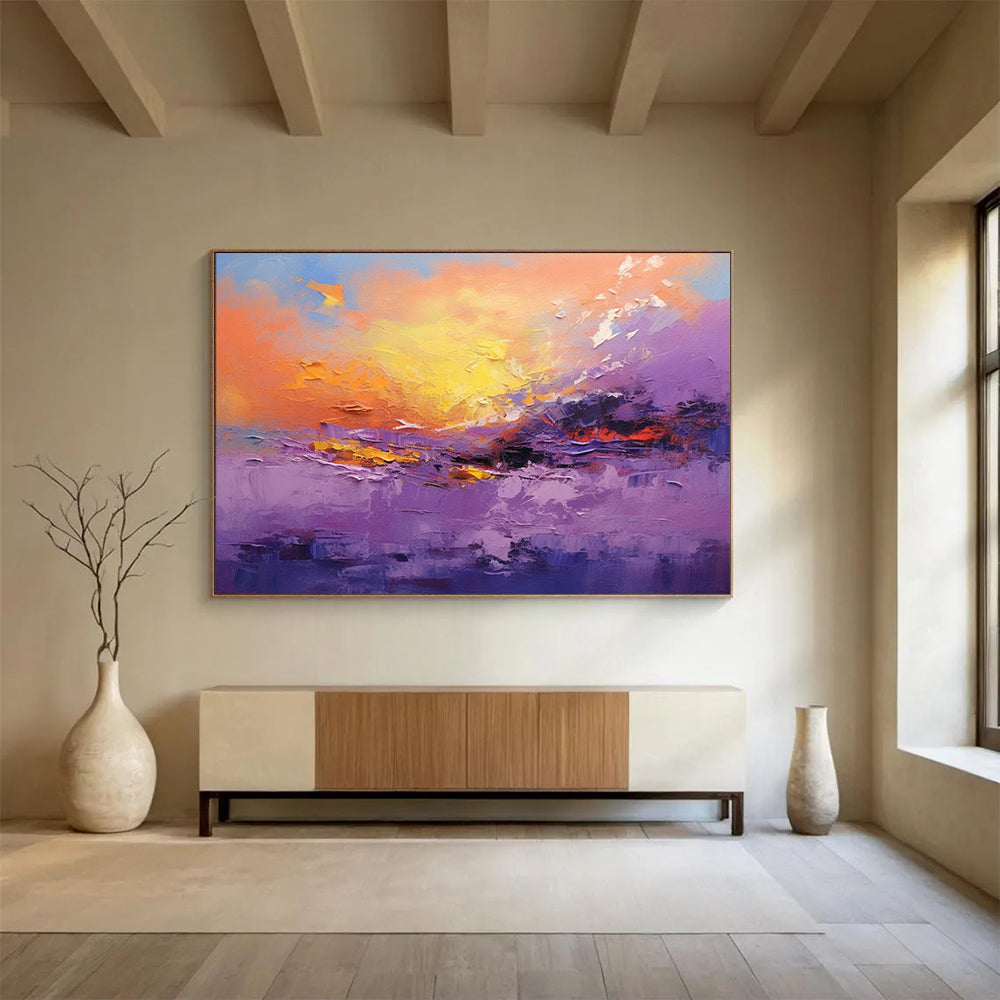 “Vibrant Purple and Orange Sunset Landscape” - Impasto Landscape Painting On Canvas PT084