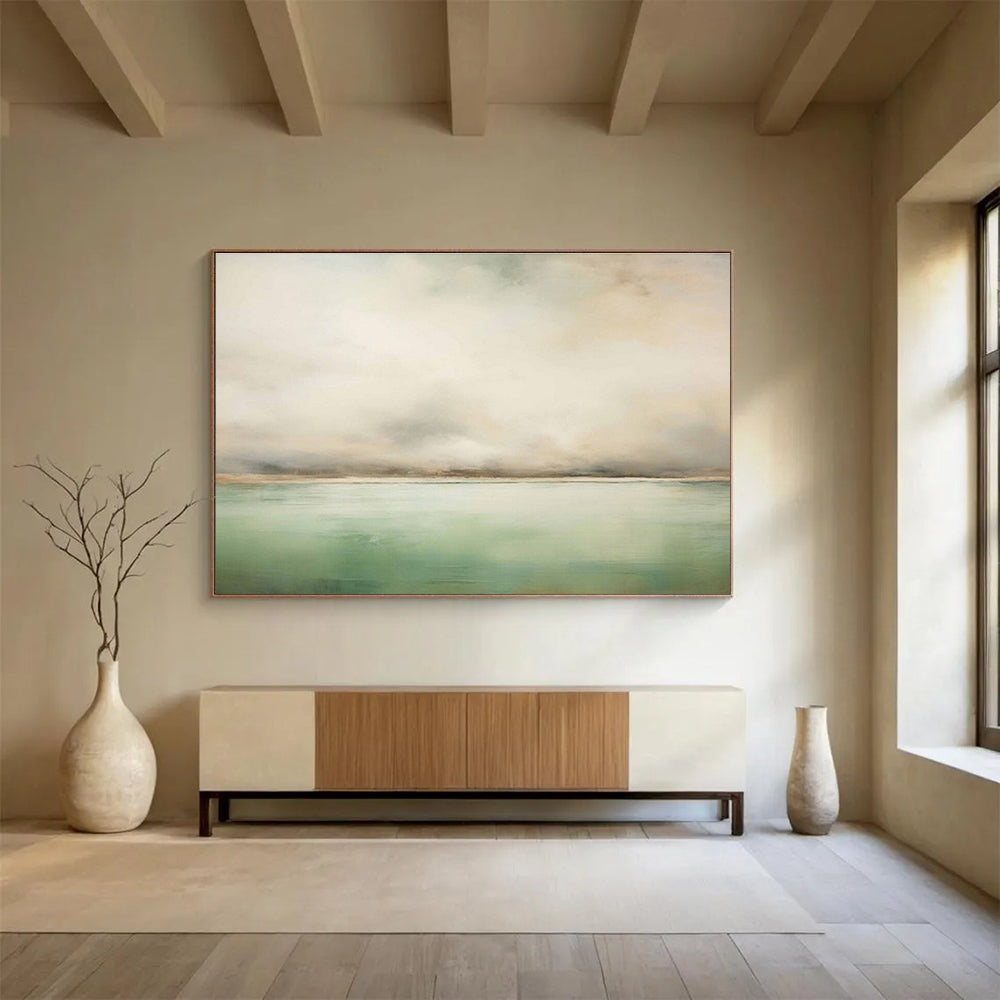Soft Green and Beige Abstract Seascape Minimalist Seascape Painting On Canvas DKS159