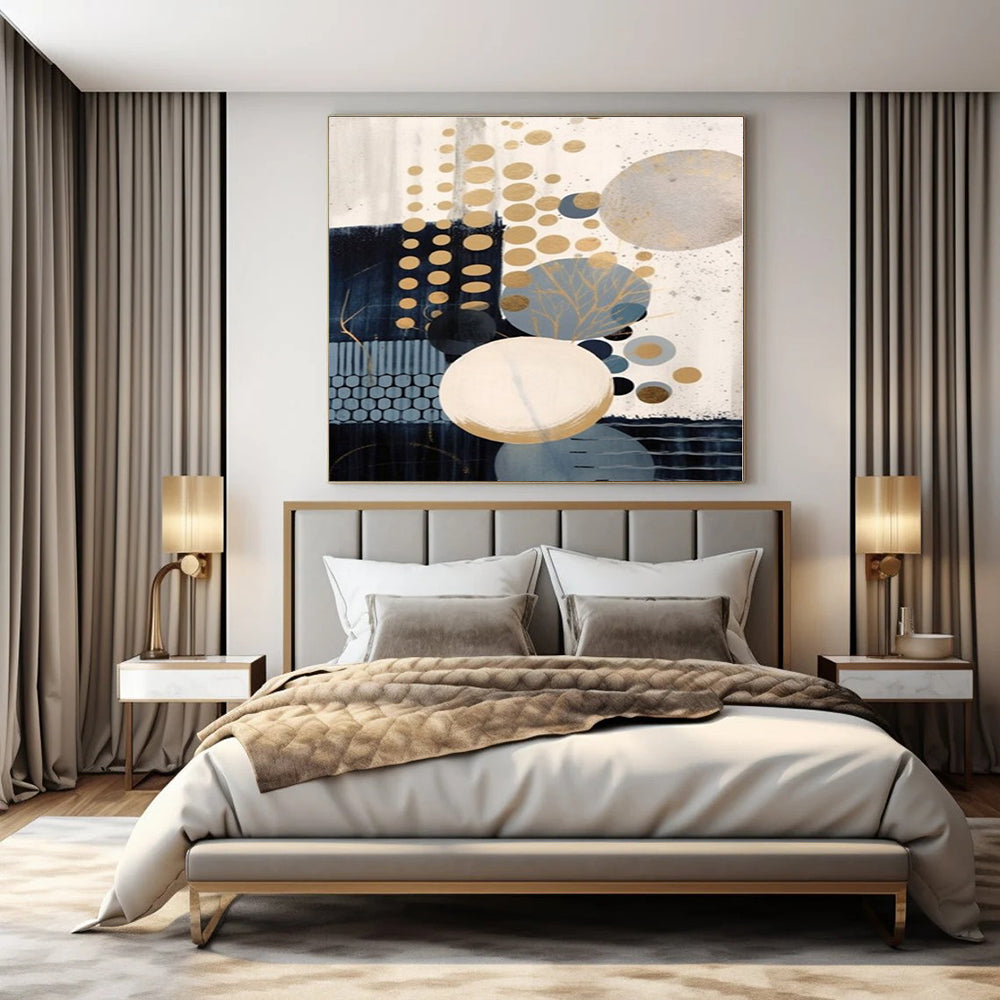 Gold, Blue, Beige with Circles "Gilded Bubbles" Abstract Painting On Canvas PS1263