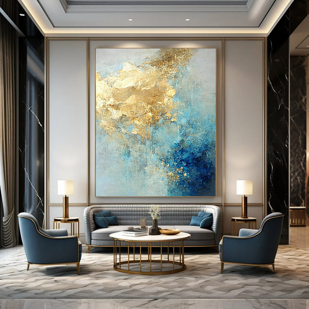 Blue - Gold Abstract Fusion Textured Painting On Canvas DS071
