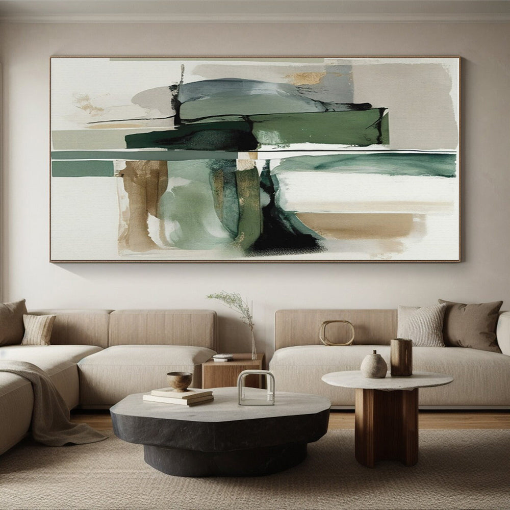 “Green & Gray Abstract Fusion” - Green, Gray, White, Gold Abstract Painting On Canvas PS0758