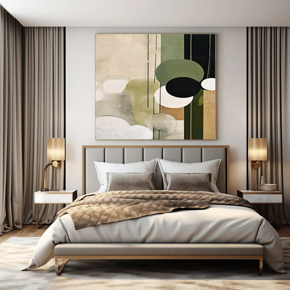 Green, Beige, Black with Circular Shapes "Circular Nature" Abstract Painting On Canvas PS1277