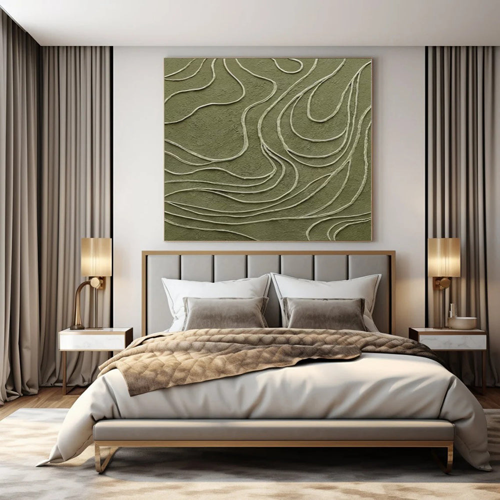 “Olive Green with White Curved Lines” - Textured Abstract Painting On Canvas PS0144