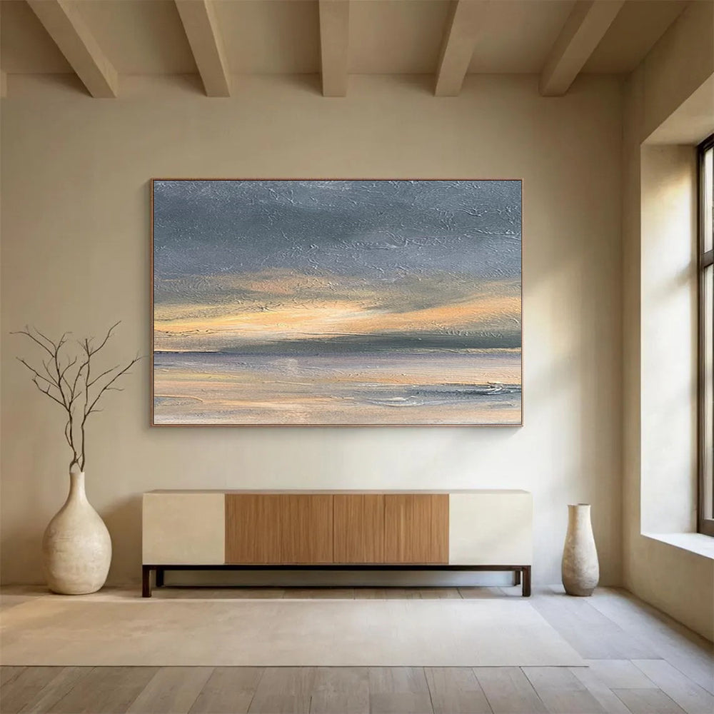 “Subtle Abstract Sunset in Gray, Orange & Neutrals” - Minimalist Seascape Painting On Canvas PT016